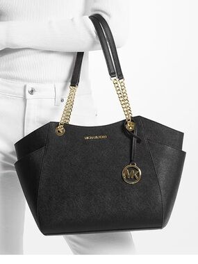Michael Kors Jet Set Large Saffiano Leather Shoulder Bag. Gold hardware.  Black